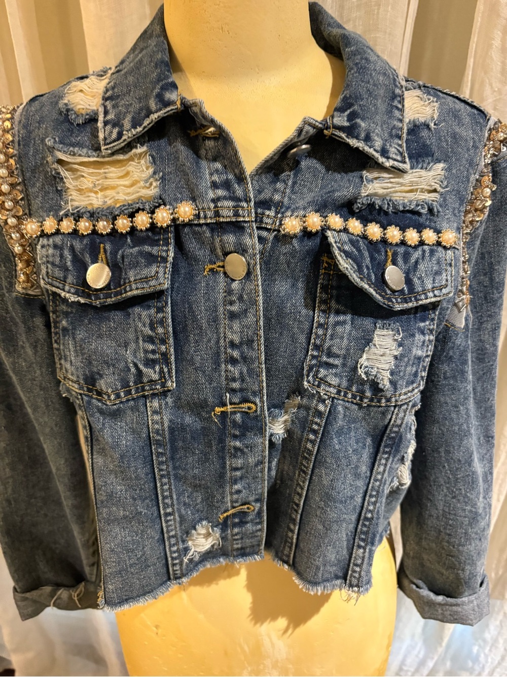 RACHEL Rachel Roy Distressed Blue Denim Jacket with Pearl Trim